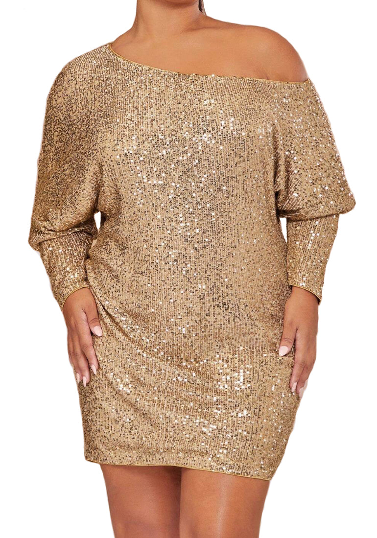 863 - Asymmetrical Neck Off Shoulder Batwing Sleeves Sequin Party Plus Size Dress