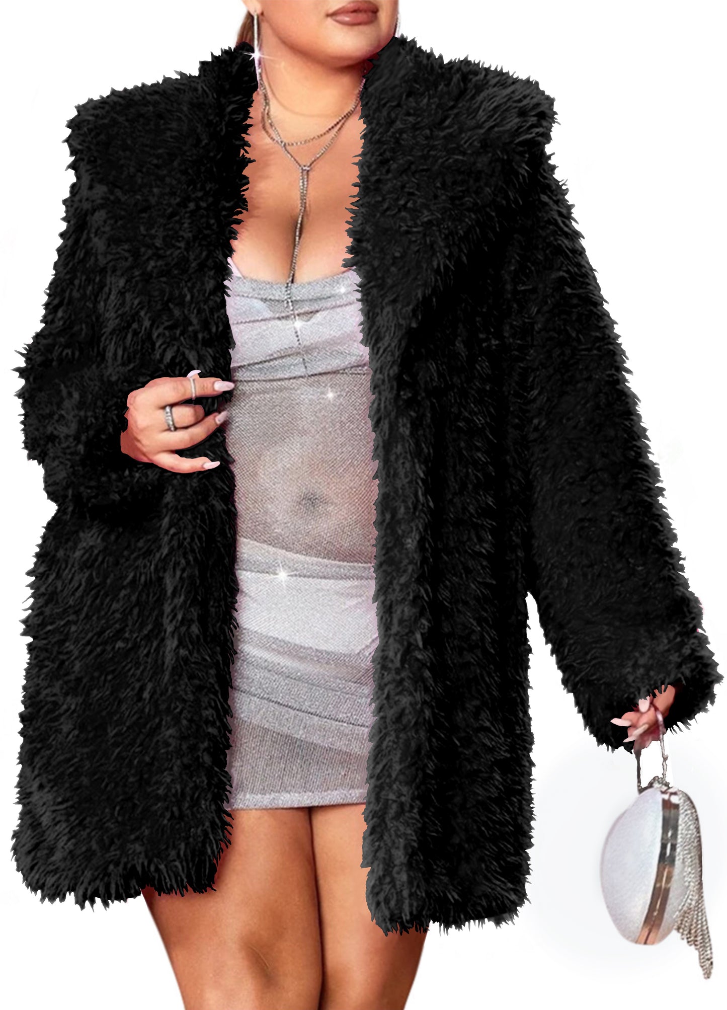 690 - Black Open Front Statement Waterfall Collar Long Sleeves Fuzzy Coat Jacket Black
