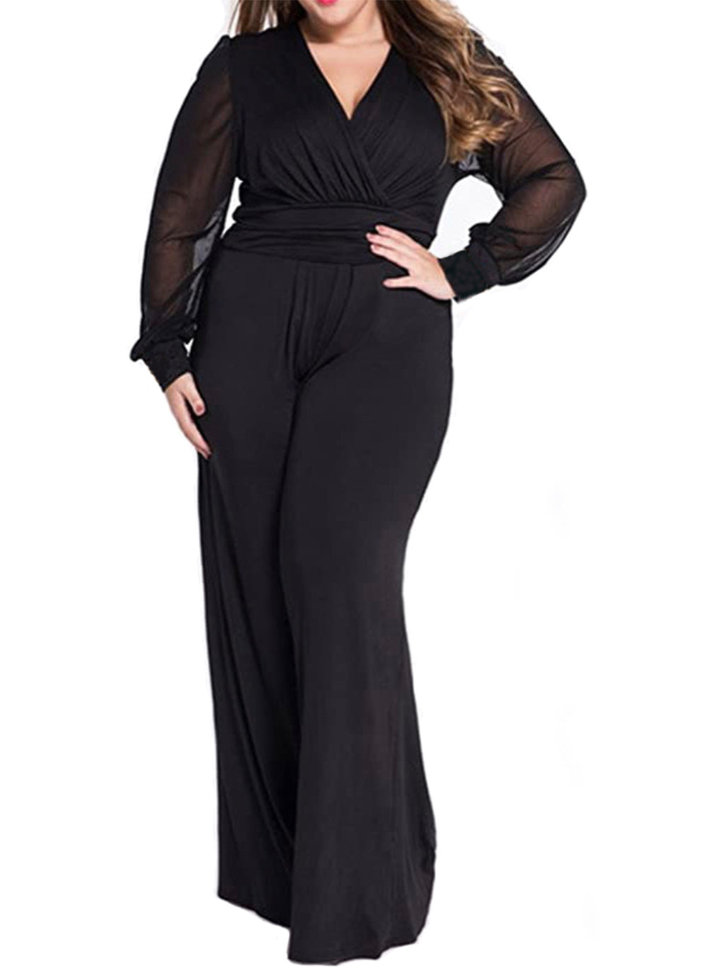 701 - Jumpsuit Plus Size Mesh Long Sleeves V Neck Wide Pants