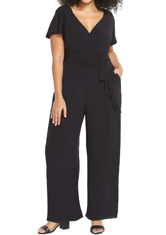 705 - Plus Size Flutter Short Sleeves V Neck Wide Leg Pants Women Onesie Jumpsuit
