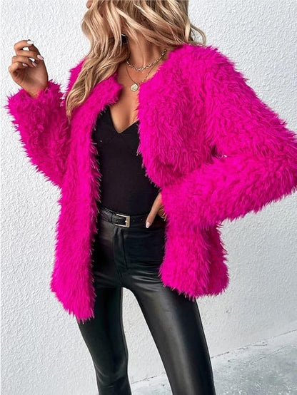 RED DOT BOUTIQUE 690 - Plus Size Open Front Statement Waterfall Collar Long Sleeves Fuzzy Coat Jacket Hot Pink Fuchsia