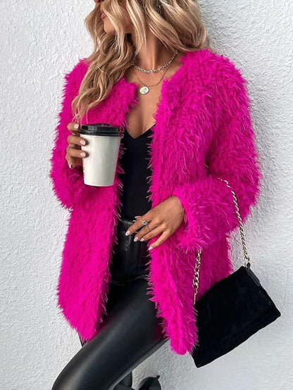 RED DOT BOUTIQUE 690 - Plus Size Open Front Statement Waterfall Collar Long Sleeves Fuzzy Coat Jacket Hot Pink Fuchsia