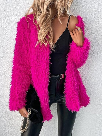 RED DOT BOUTIQUE 690 - Plus Size Open Front Statement Waterfall Collar Long Sleeves Fuzzy Coat Jacket Hot Pink Fuchsia