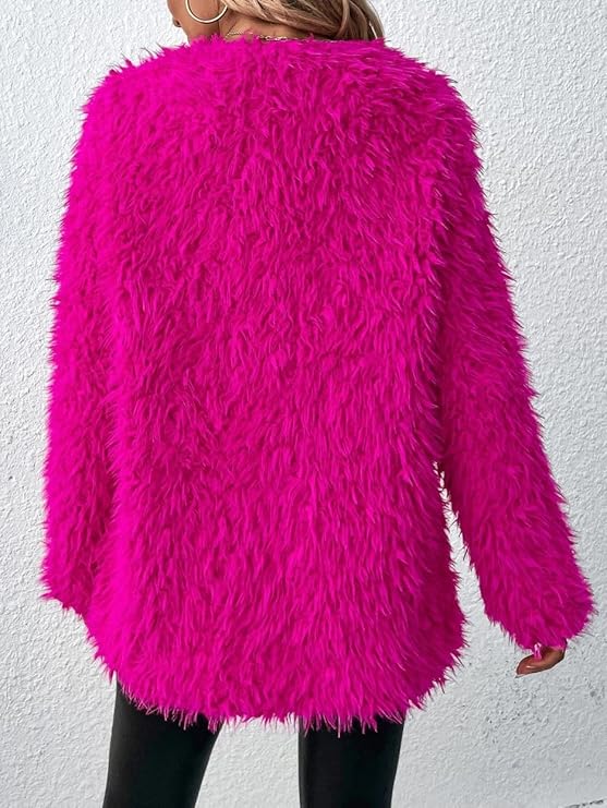 RED DOT BOUTIQUE 690 - Plus Size Open Front Statement Waterfall Collar Long Sleeves Fuzzy Coat Jacket Hot Pink Fuchsia