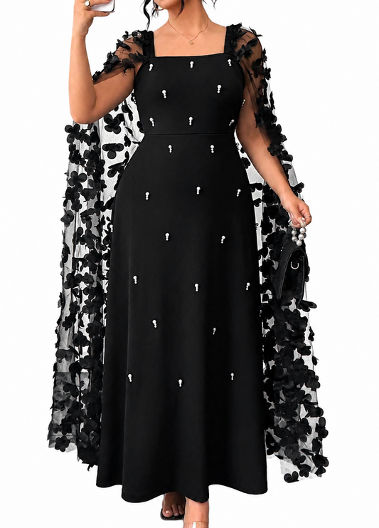893 - Plus Size White Pearl Beaded 3D Floral Appliques Flyaway Sleeves Maxi Black Dress