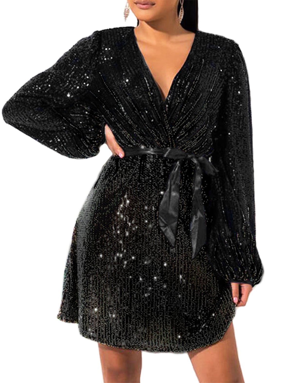 828 - Plus Size Long Sleeves Wrapped V Neck Sequins Skater Style Cocktail Evening Club Dress