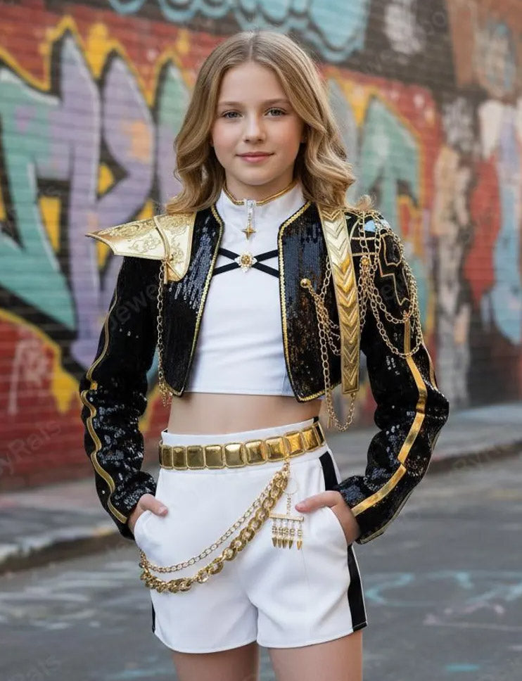 KPop Demon Hunters Huntrix Rumi Black Golden Costume Set Cosplay Halloween, For Kids Girls,  (Ship From USA Today)