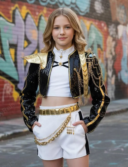 KPop Demon Hunters Huntrix Rumi Black Golden Costume Set Cosplay Halloween, For Kids Girls,  (Ship From USA Today)