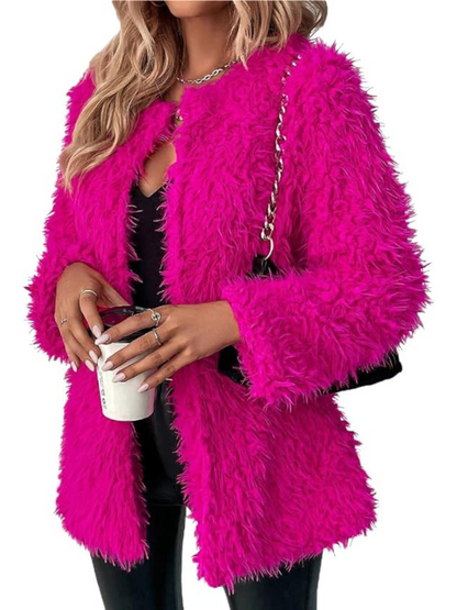 RED DOT BOUTIQUE 690 - Plus Size Open Front Statement Waterfall Collar Long Sleeves Fuzzy Coat Jacket Hot Pink Fuchsia