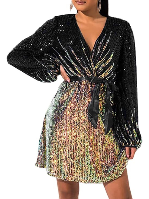 828 - Plus Size Long Sleeves Wrapped V Neck Sequins Skater Style Cocktail Evening Club Dress