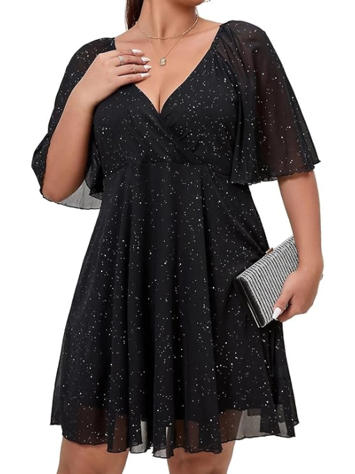 Plus Size Cap Sleeves Long Sleeves V Neck Sequins Skater Cocktail Club Dress