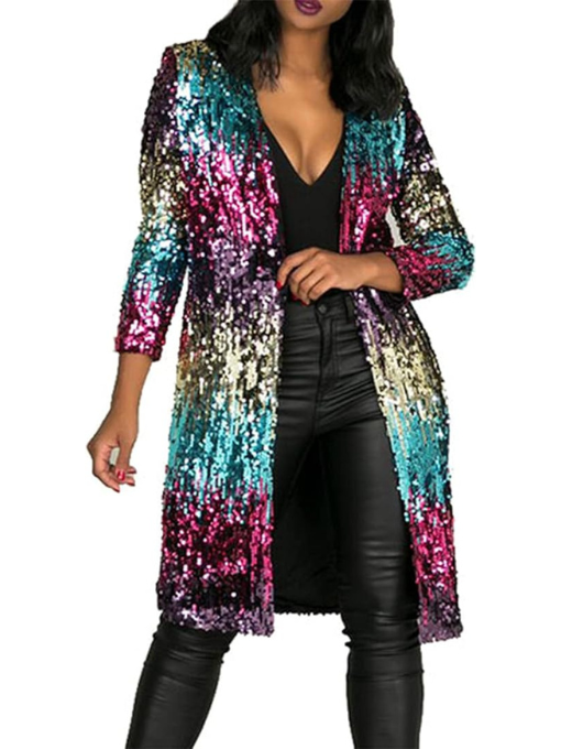610 - Long Sleeves Full Sequins Open Front Duster Cardigan Cover-up Jacket Coat