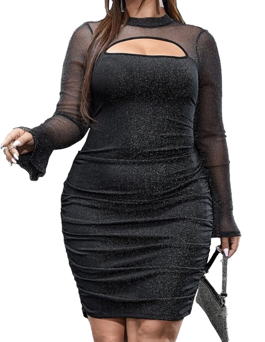 802 - Black Sheer Mesh Long Sleeves Cut-Out Ruched Glitter Bodycon Cocktail Dress