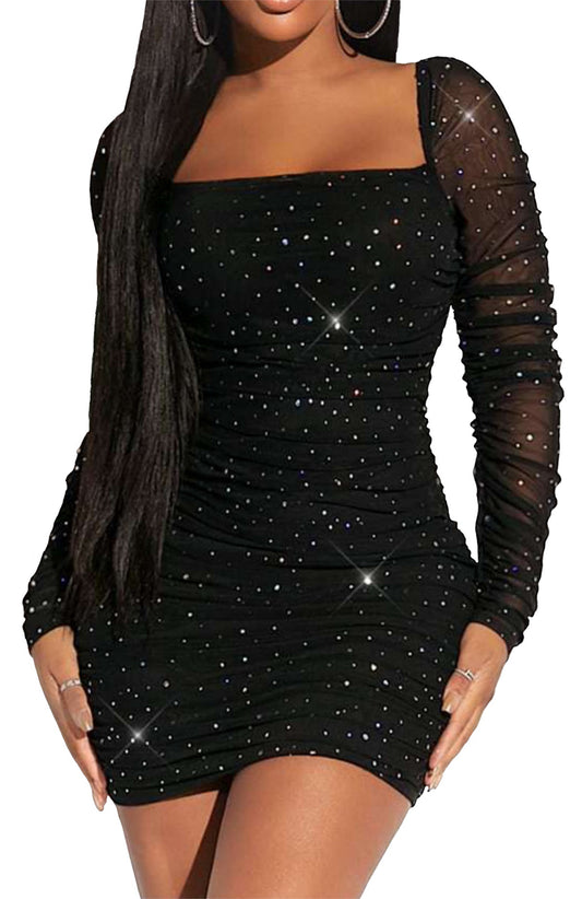 RED DOT BOUTIQUE 830 - Square Neck Off Shoulder Long Sleeve Ruched Sparkle Glitter Mesh Bodycon Dress